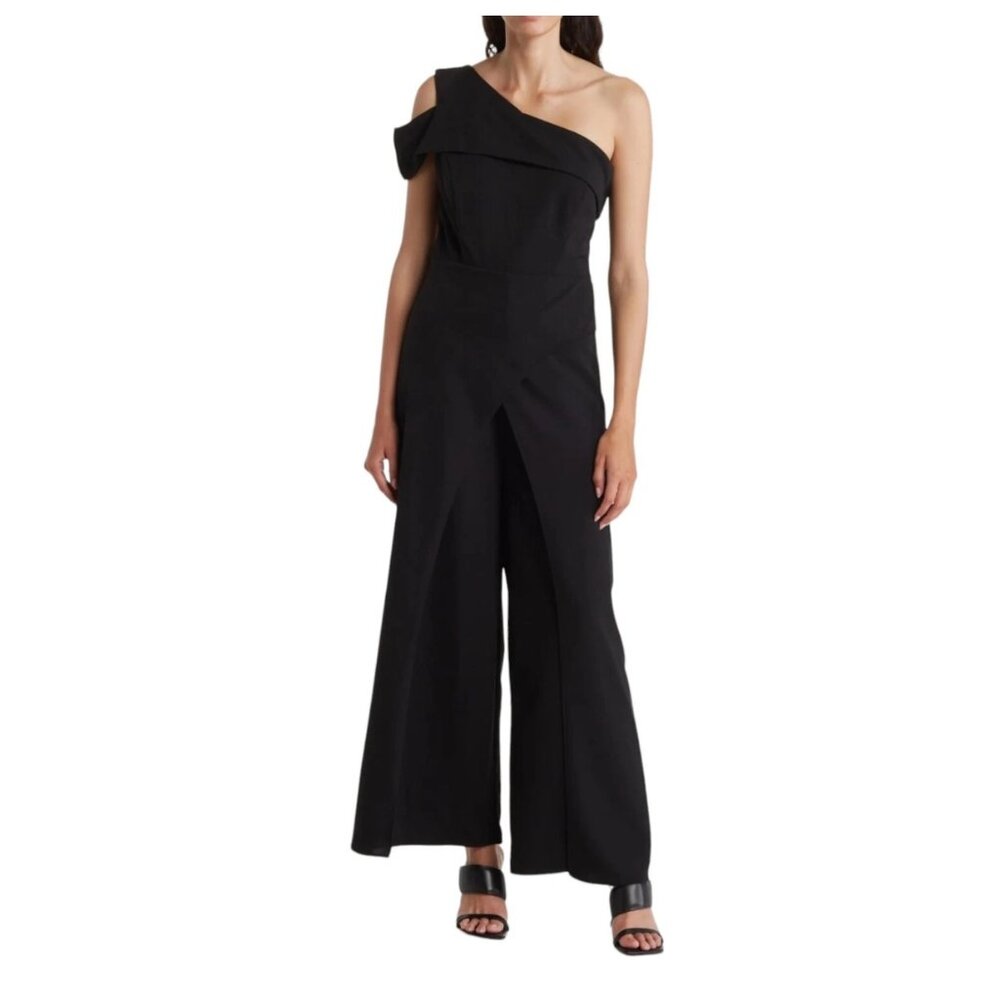 !! NWT Marina Black One Shoulder Asymmetrical Dressy Wide Leg Jumpsuit sz 16